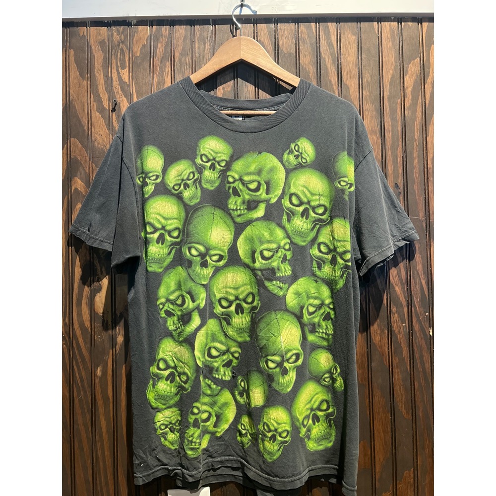 Vintage Liquid Blue Green Skull Pile Graphic Tee Black Short Sleeve Shirt L